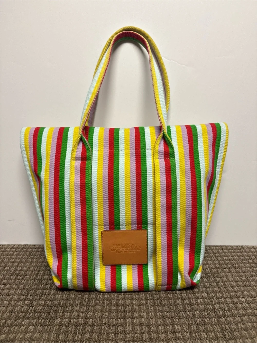 Marc Jacobs The Beach Tote Bag Red/White/Green/Yellow/Pink Stripes Excellent
